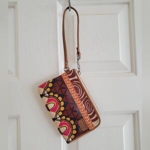 Fossil Key-per wristlet wallet zip around coated canvas 4”X6” leather strap